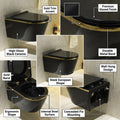 Wall mounted WC in black gold with soft close seat cover, oval ceramic commode shown at right angle