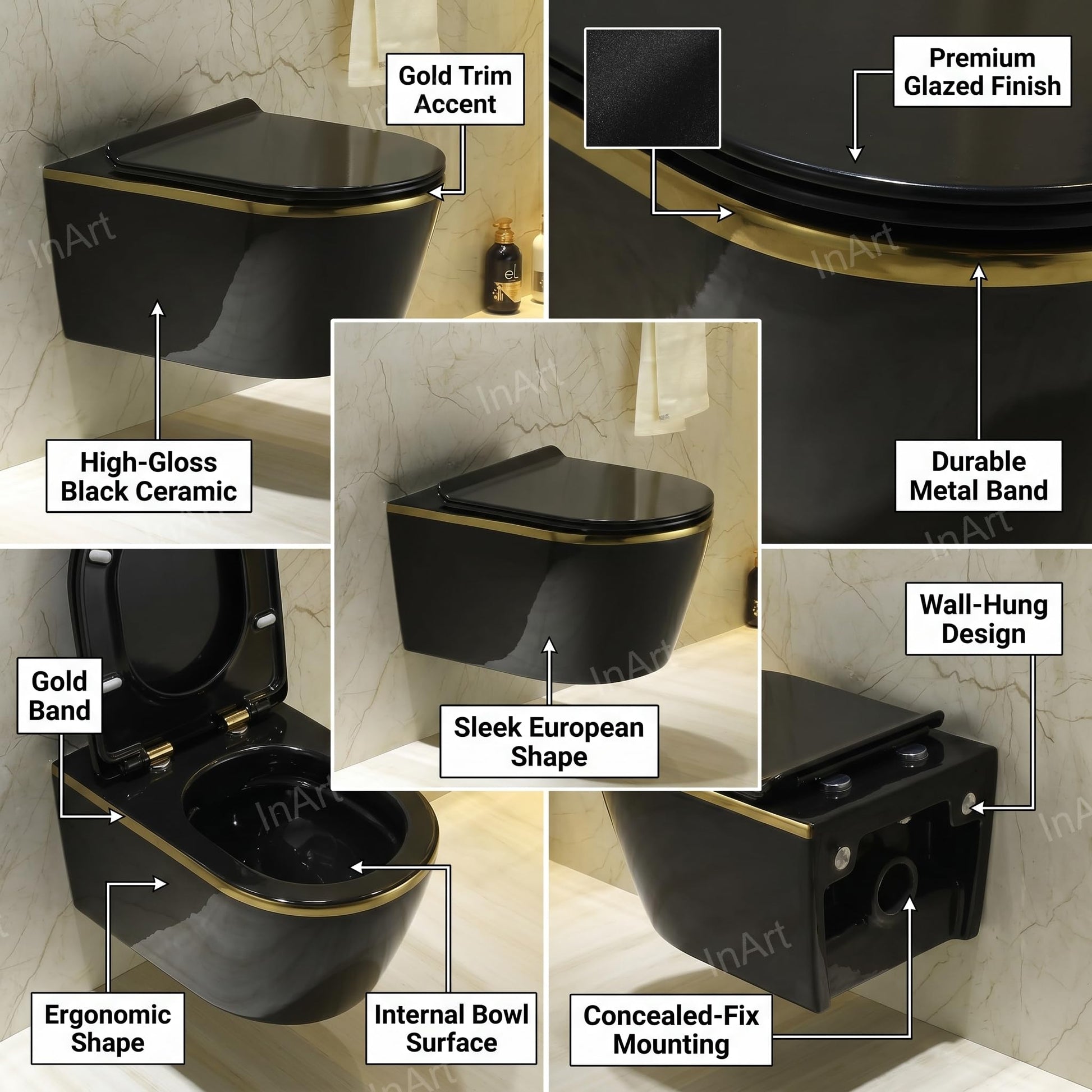 Wall mounted WC in black gold with soft close seat cover, oval ceramic commode shown at right angle