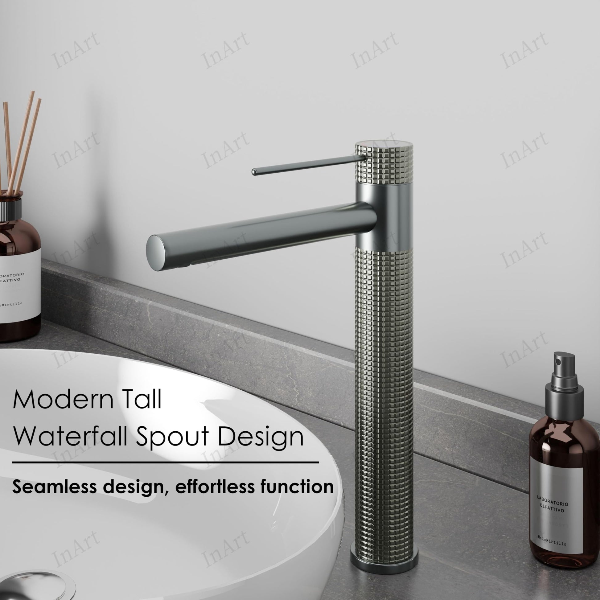 Close-up of InArt basin tap handle and spout in gun grey, premium brass bathroom taps and mixers for washroom