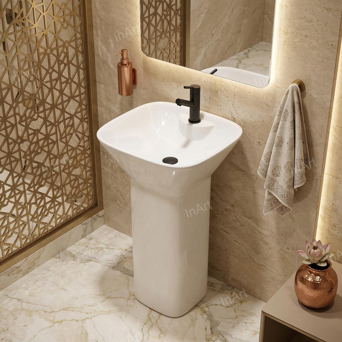 InArt ceramic pedestal wash basin designs in glossy white square finish, one piece free standing front view