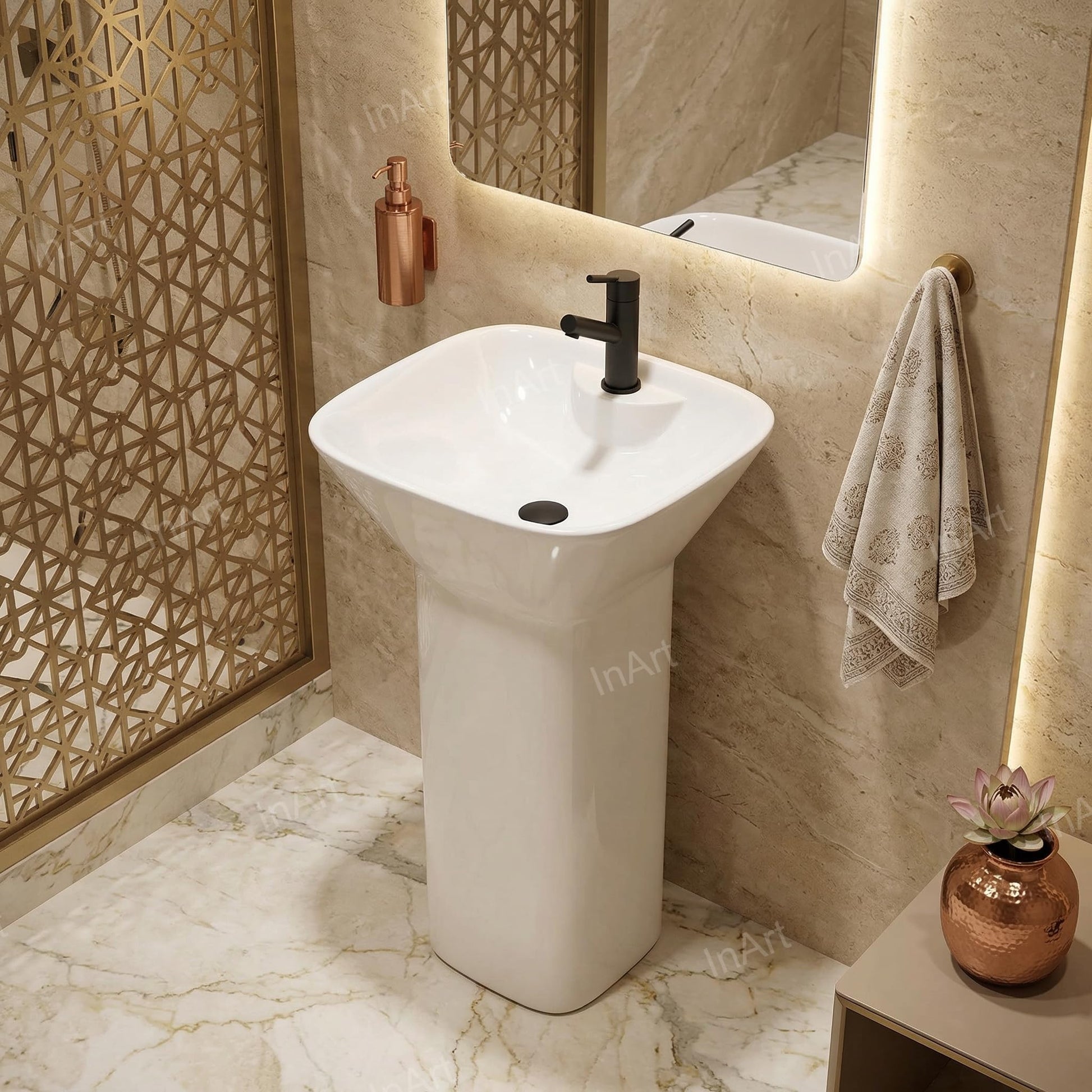 InArt ceramic pedestal wash basin designs in glossy white square finish, one piece free standing front view