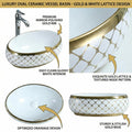 InArt modern bathroom table top basin, oval ceramic wash basin with golden rim, side angle