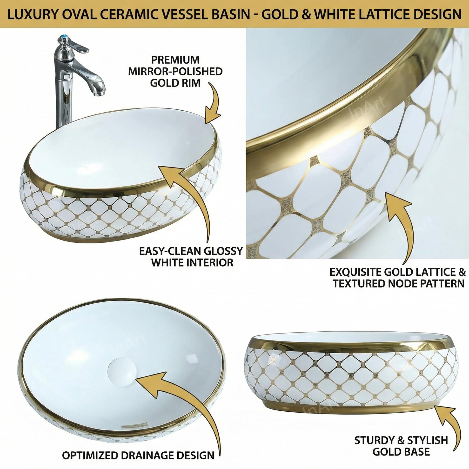 InArt modern bathroom table top basin, oval ceramic wash basin with golden rim, side angle