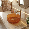 Glass design wash basin close-up showing amber finish and rounded edge, premium bathroom basin