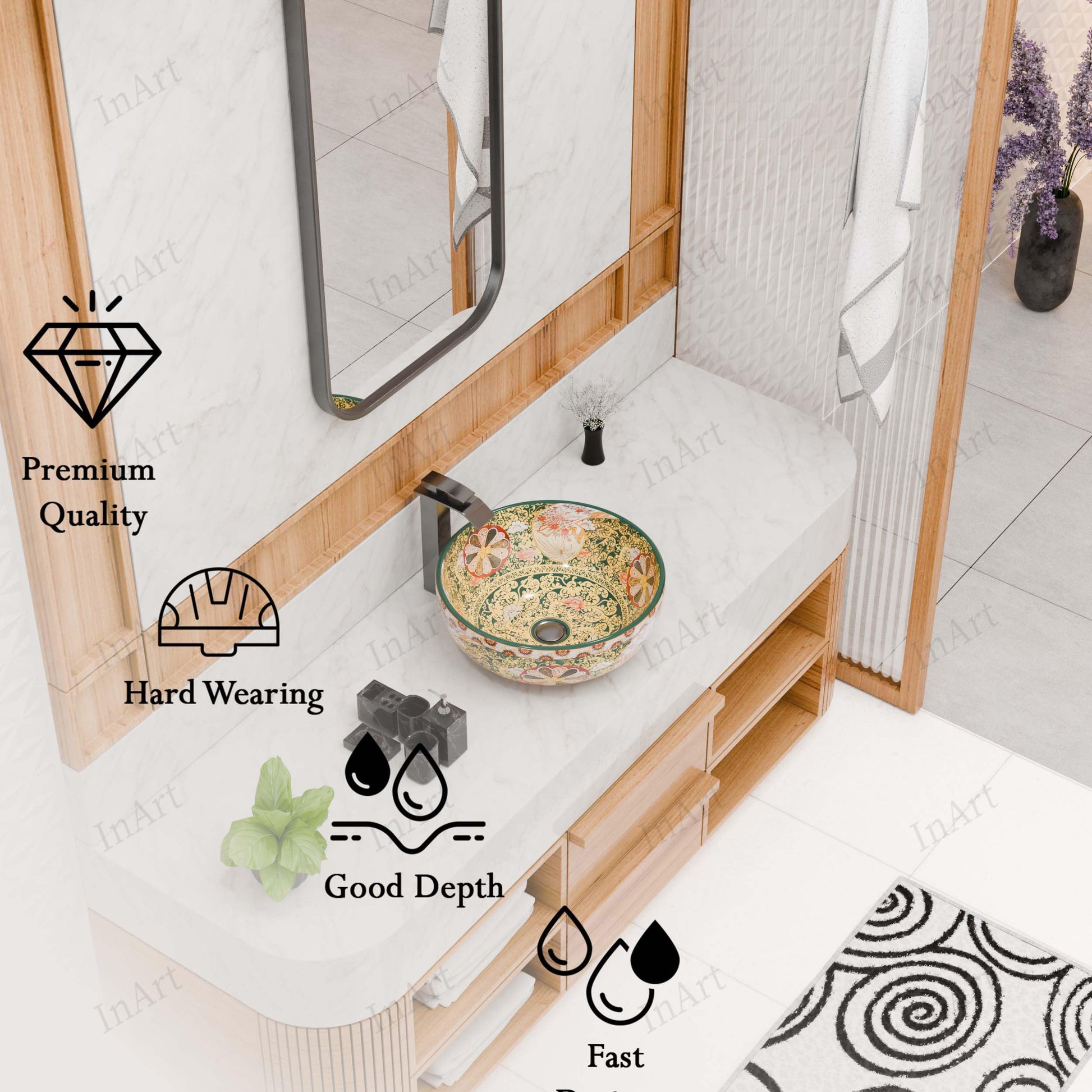 Table top wash basin counter design showing glossy green multicolour ceramic glaze and rim detail