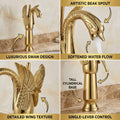 InArt swan neck basin tap in gold finish, single hole hot and cold basin mixer, 3/4 angle view