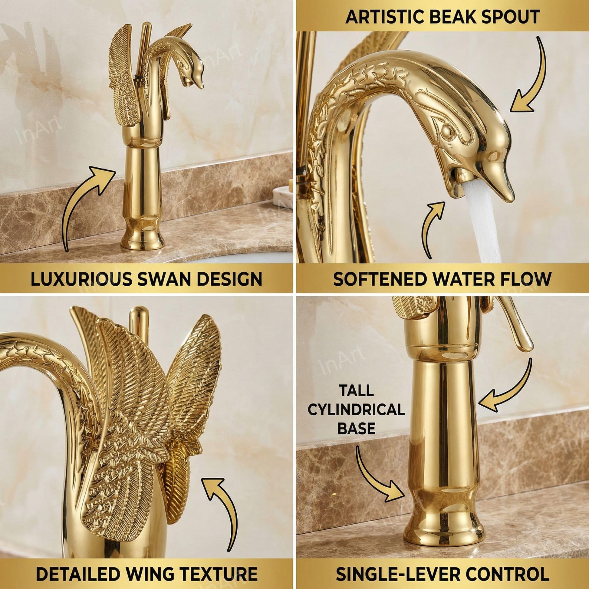 InArt swan neck basin tap in gold finish, single hole hot and cold basin mixer, 3/4 angle view
