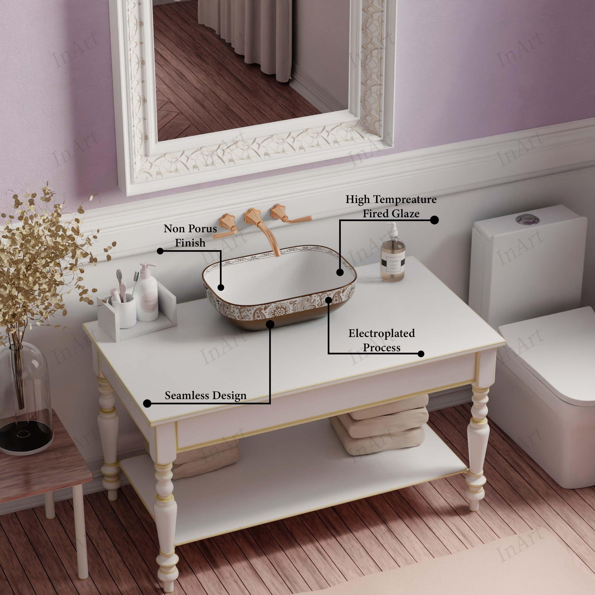 Modern washing basin design for bathroom, rectangular tabletop washbasin in rose gold, top angle view