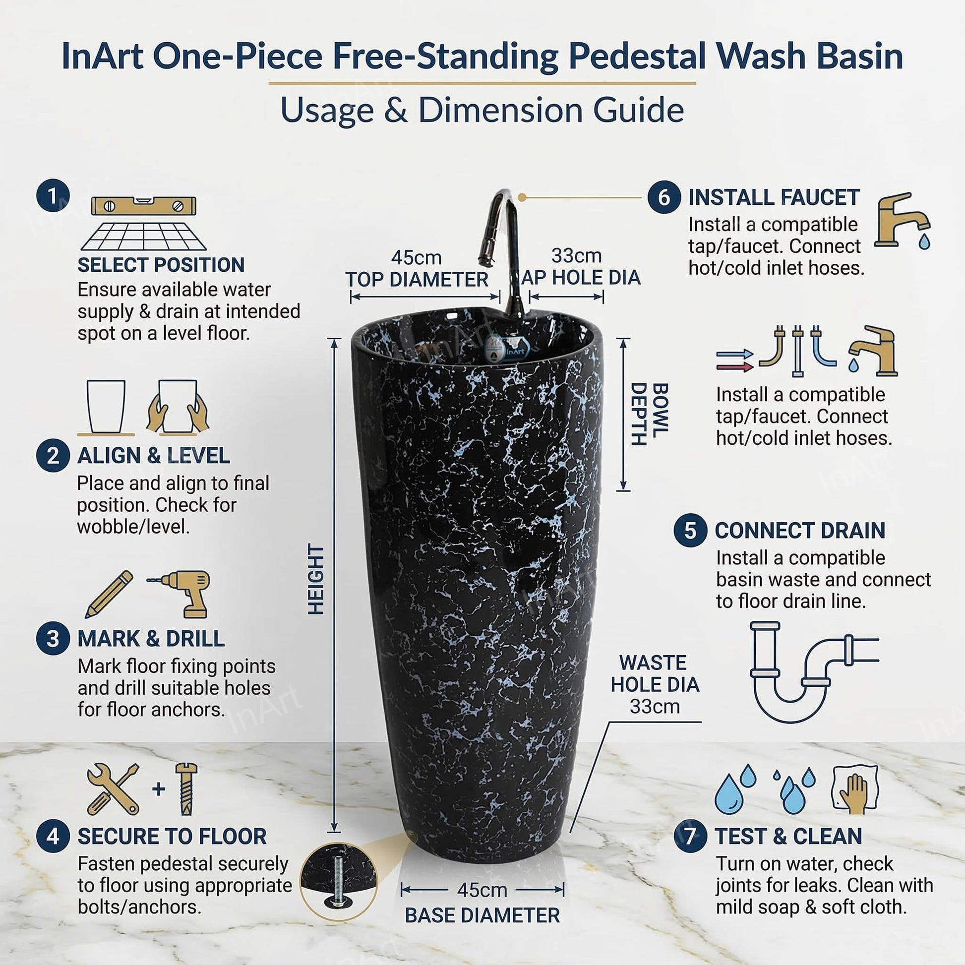 InArt black pedestal wash basin for modern washroom, luxury bathroom sink look, lifestyle setting