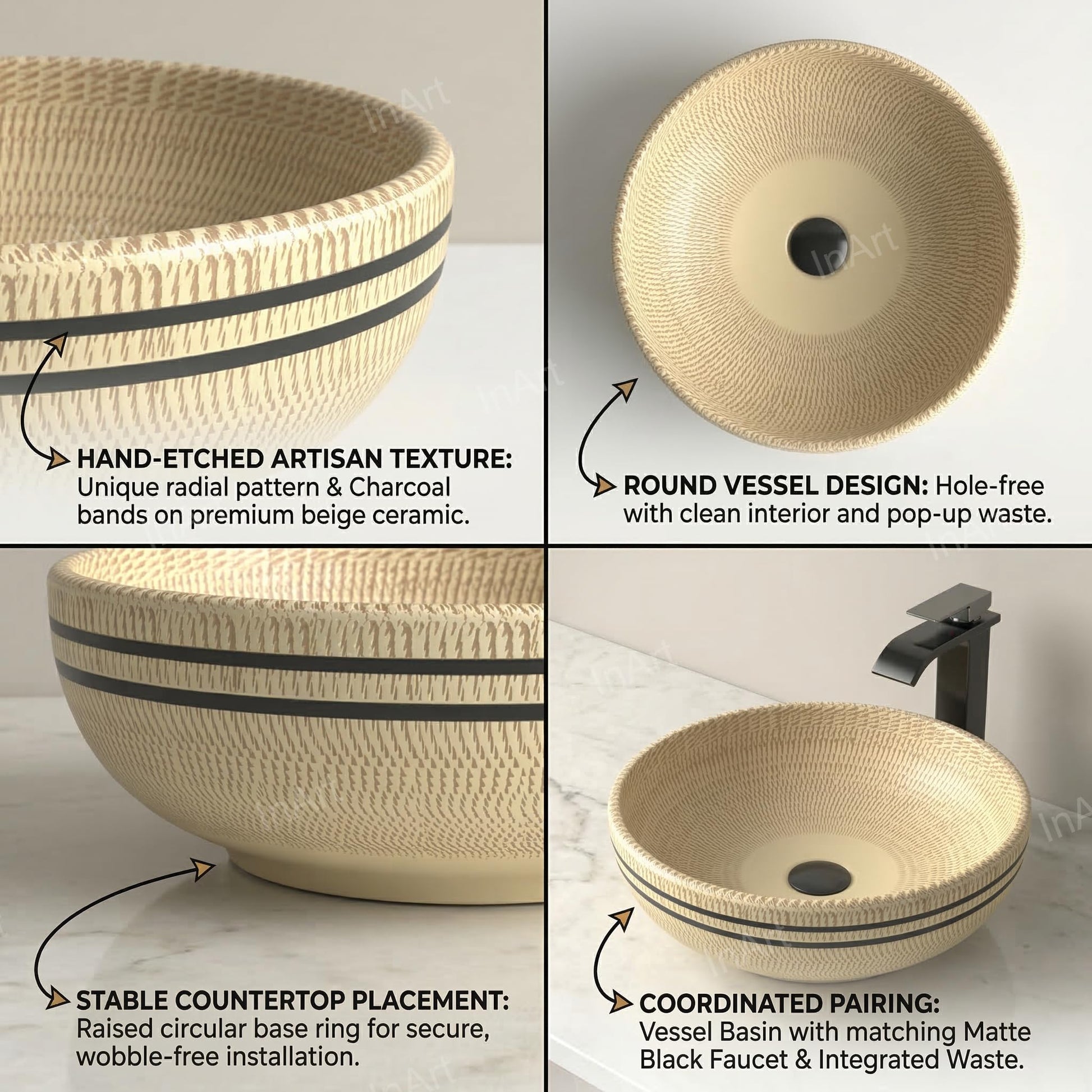 Over counter wash basin side profile highlighting 14 cm height and clean edges