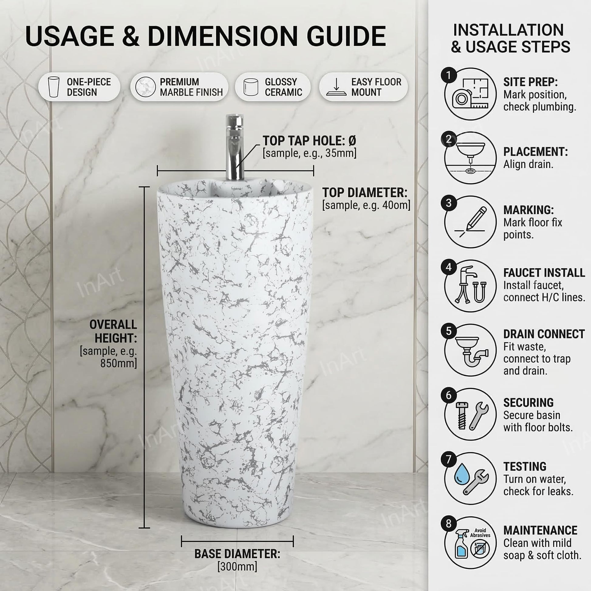 InArt small bathroom sink and pedestal, freestanding round ceramic basin for modern bathroom interior