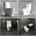 Western toilet single piece side view, floor mounted S-trap one piece ceramic western commode in white with gold