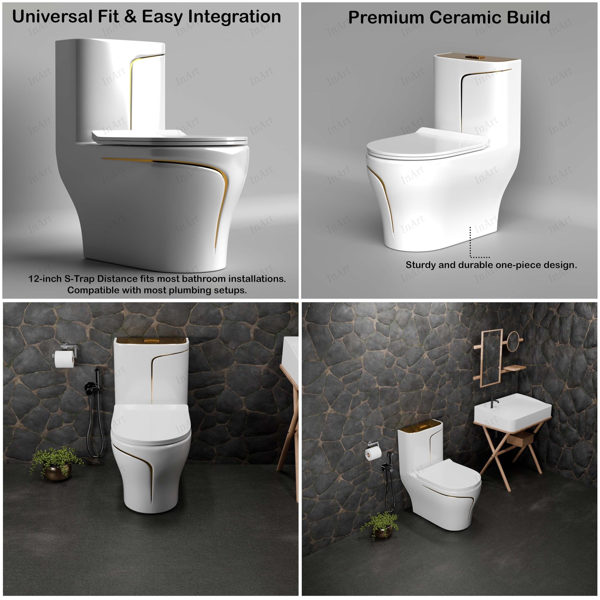 Western toilet single piece side view, floor mounted S-trap one piece ceramic western commode in white with gold