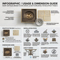 Antique brass floor drain installed on bathroom floor, square bronze finish drain strainer for washroom