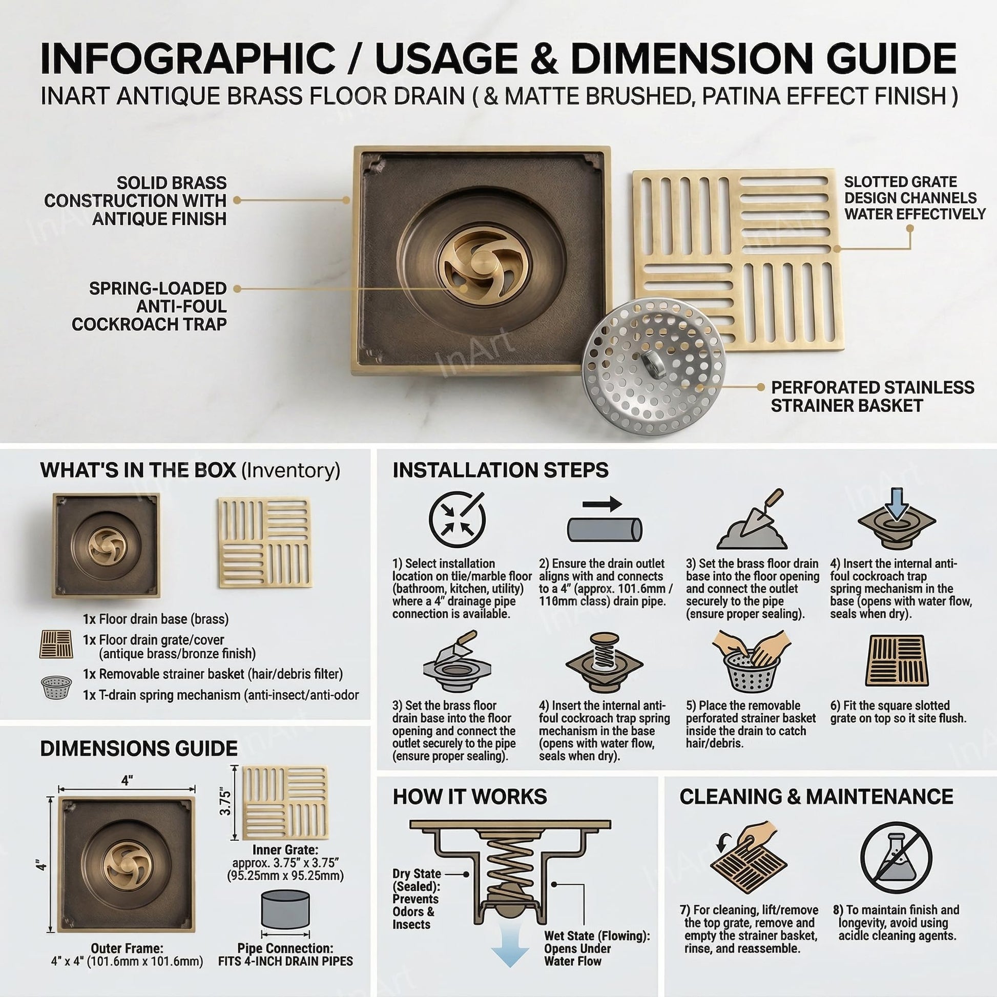 Antique brass floor drain installed on bathroom floor, square bronze finish drain strainer for washroom