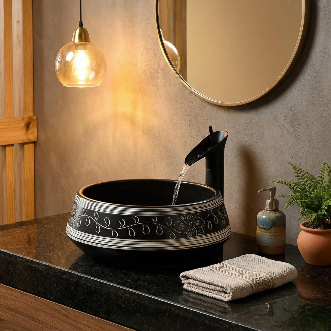 InArt ceramic table top wash basin, round black finish, main front view for modern bathroom