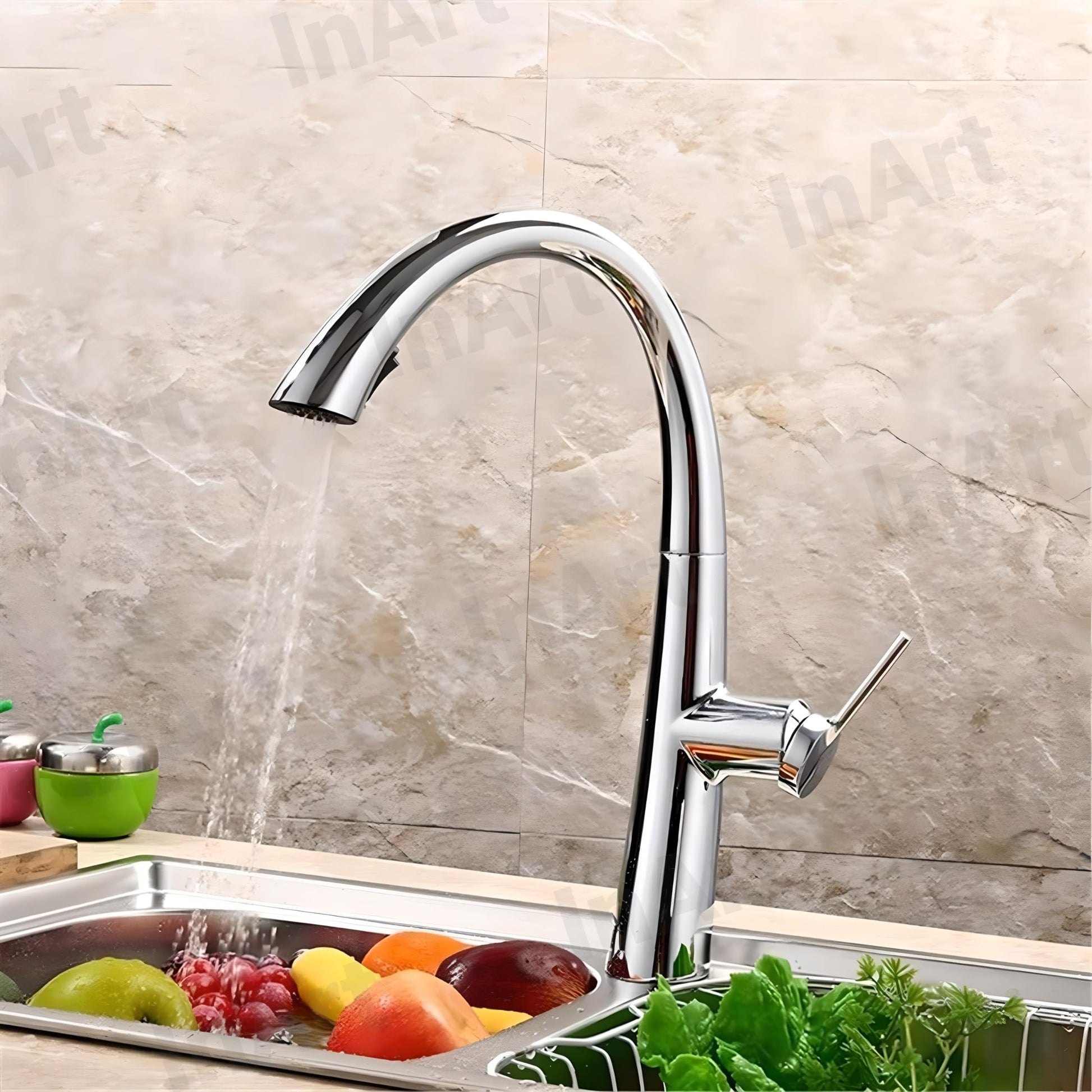 InArt kitchen sink faucet with pull down sprayer, high arc chrome brass tap for Indian modular kitchen