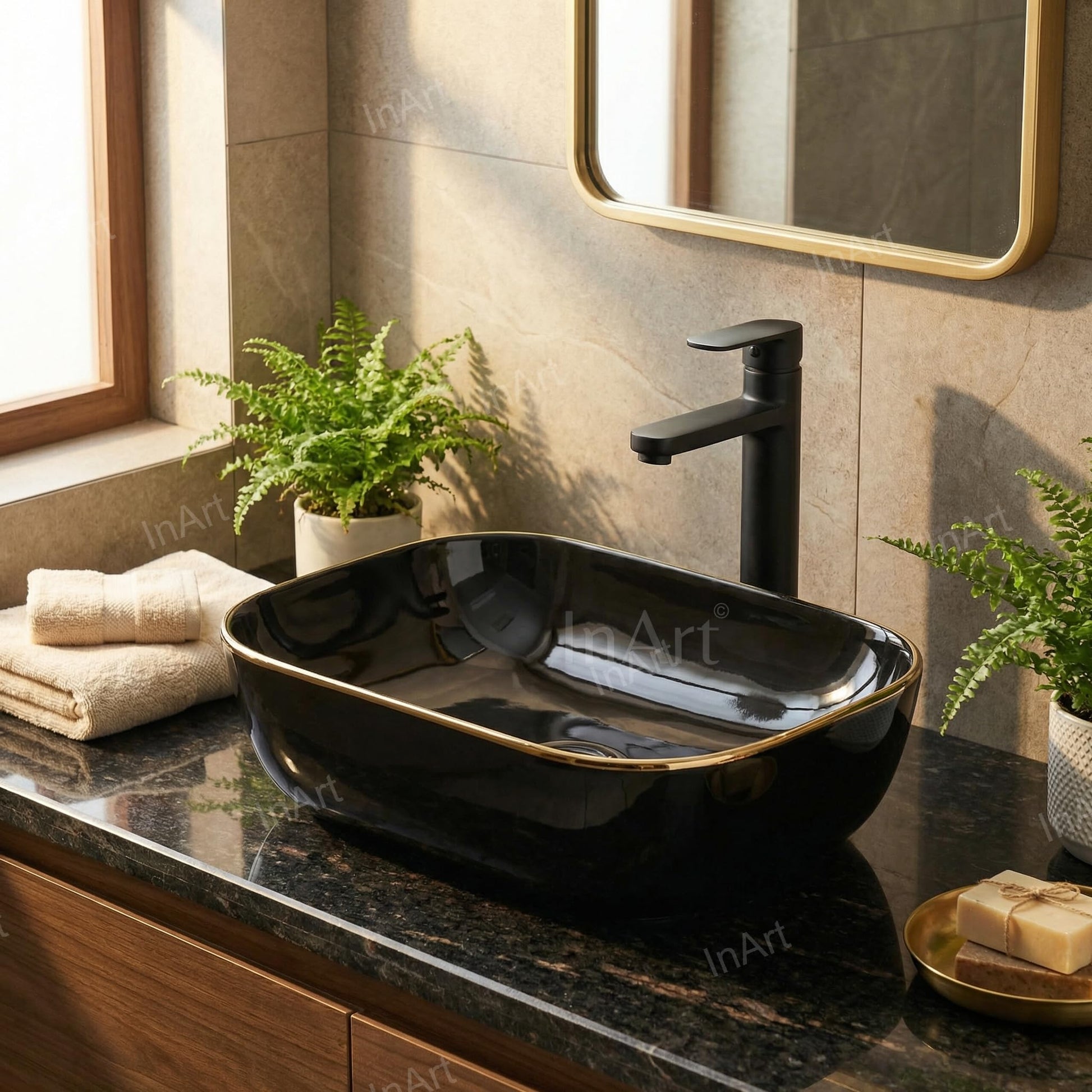 Rectangular table top wash basin with glossy black gold finish, premium ceramic sanitaryware for modern bathroom