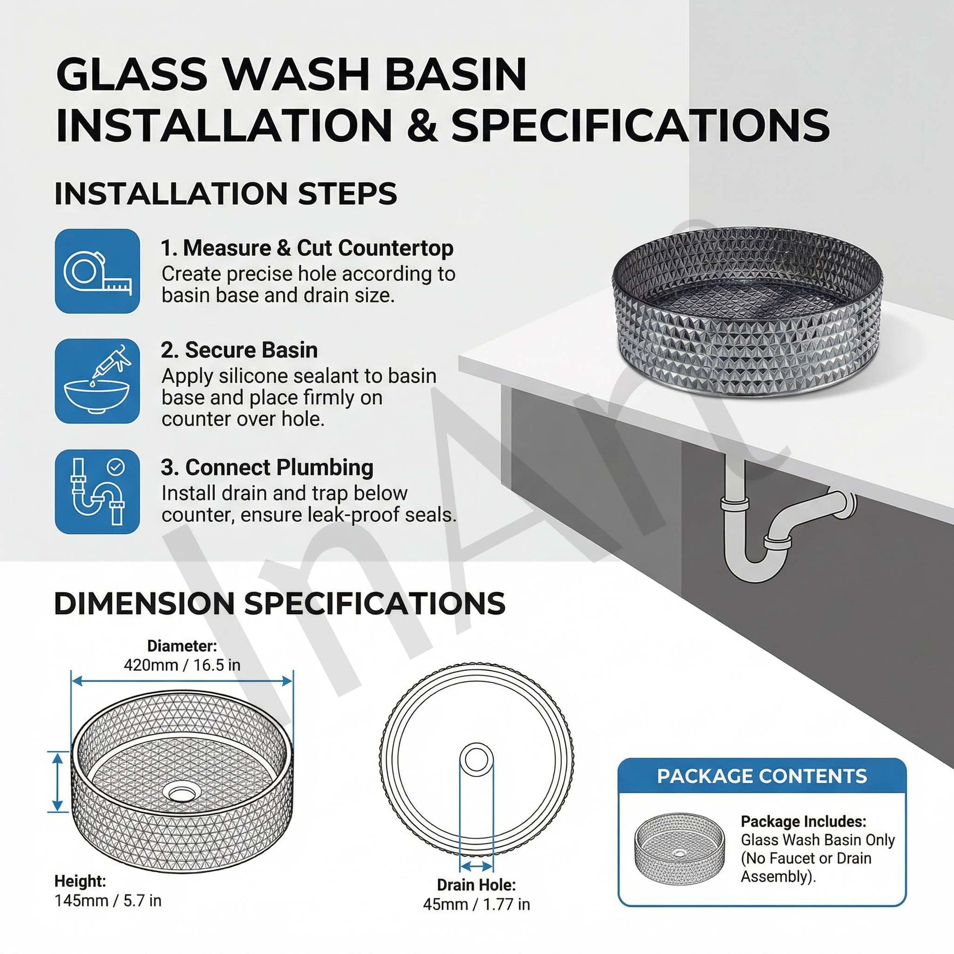 Close-up of InArt crystal glass wash basin showing glossy black silver finish and square rim detail