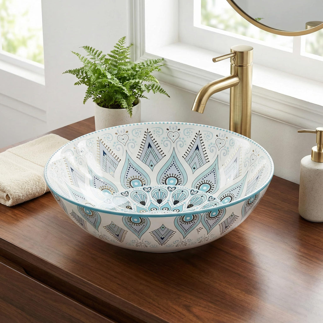 InArt ceramic round table top wash basin design in light blue glossy finish, 39x39 cm main view