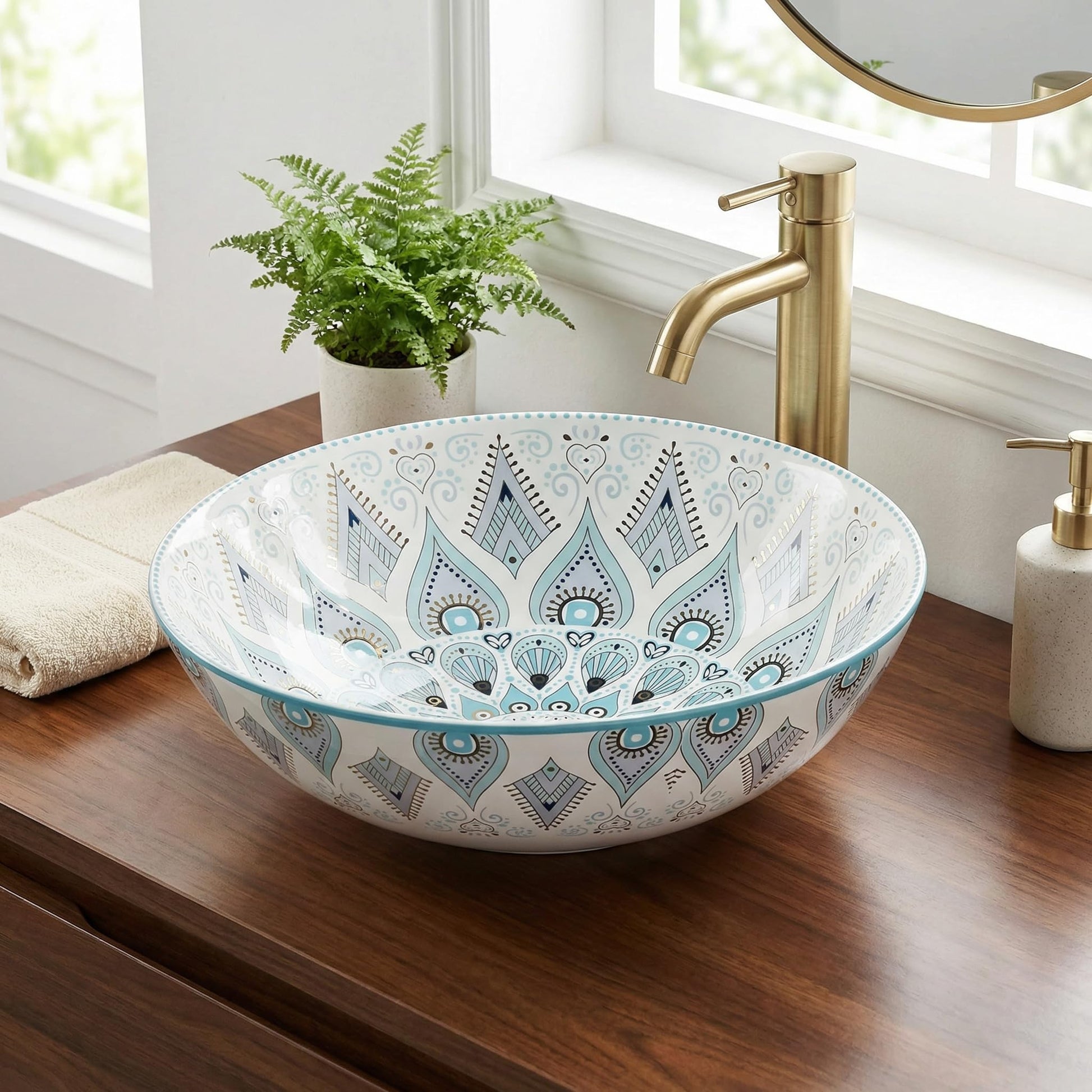 InArt ceramic round table top wash basin design in light blue glossy finish, 39x39 cm main view