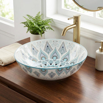 InArt ceramic round table top wash basin design in light blue glossy finish, 39x39 cm main view