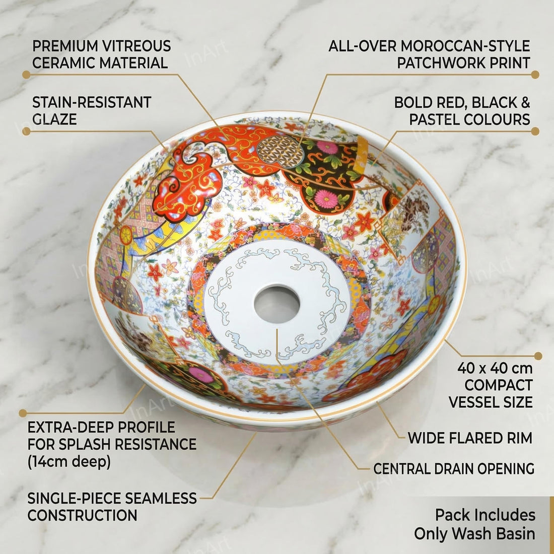 Round ceramic table top wash basin in matt white and orange, 40x40x14 cm
