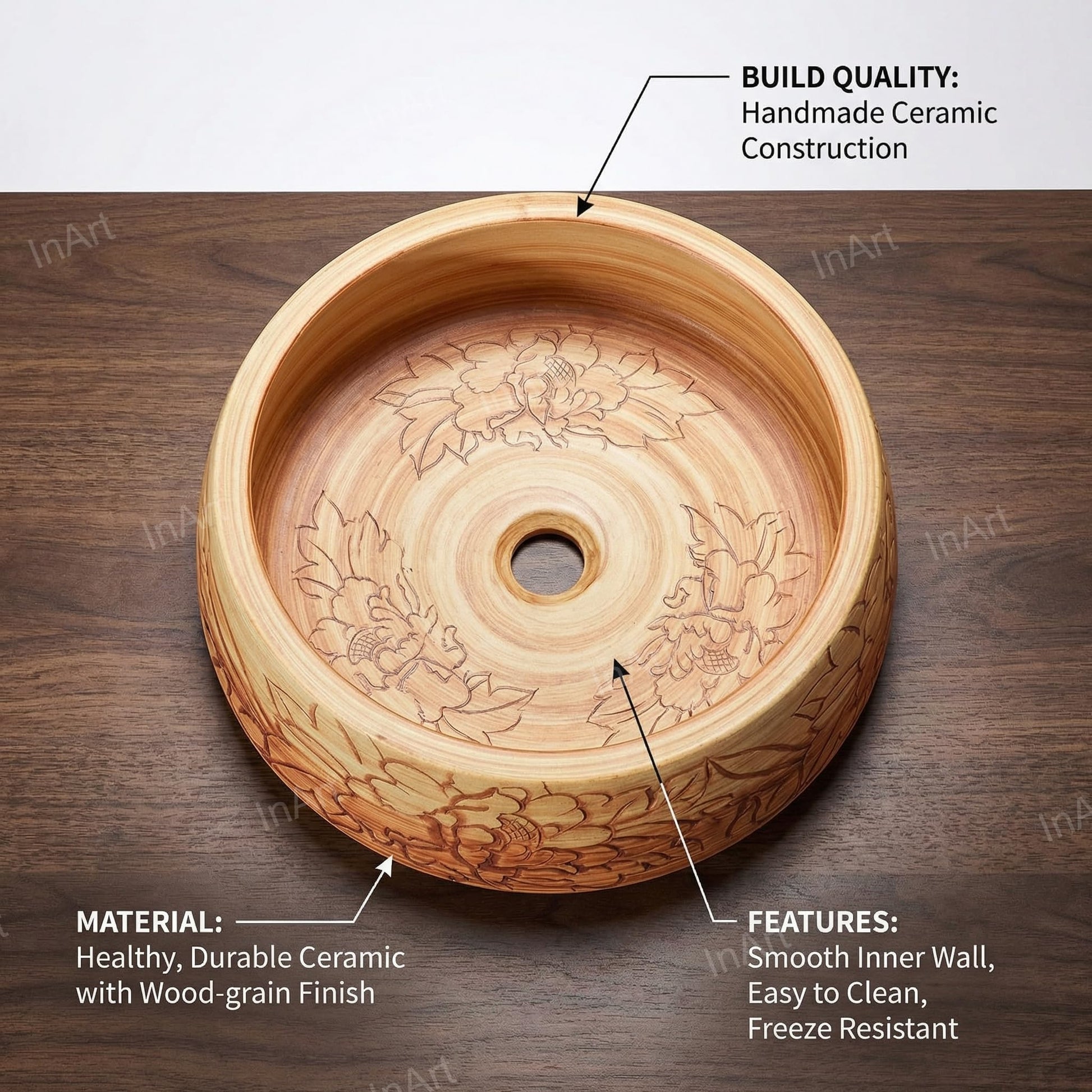 InArt designer table top wash basin, square ceramic wooden finish, side angle view for modern bathroom