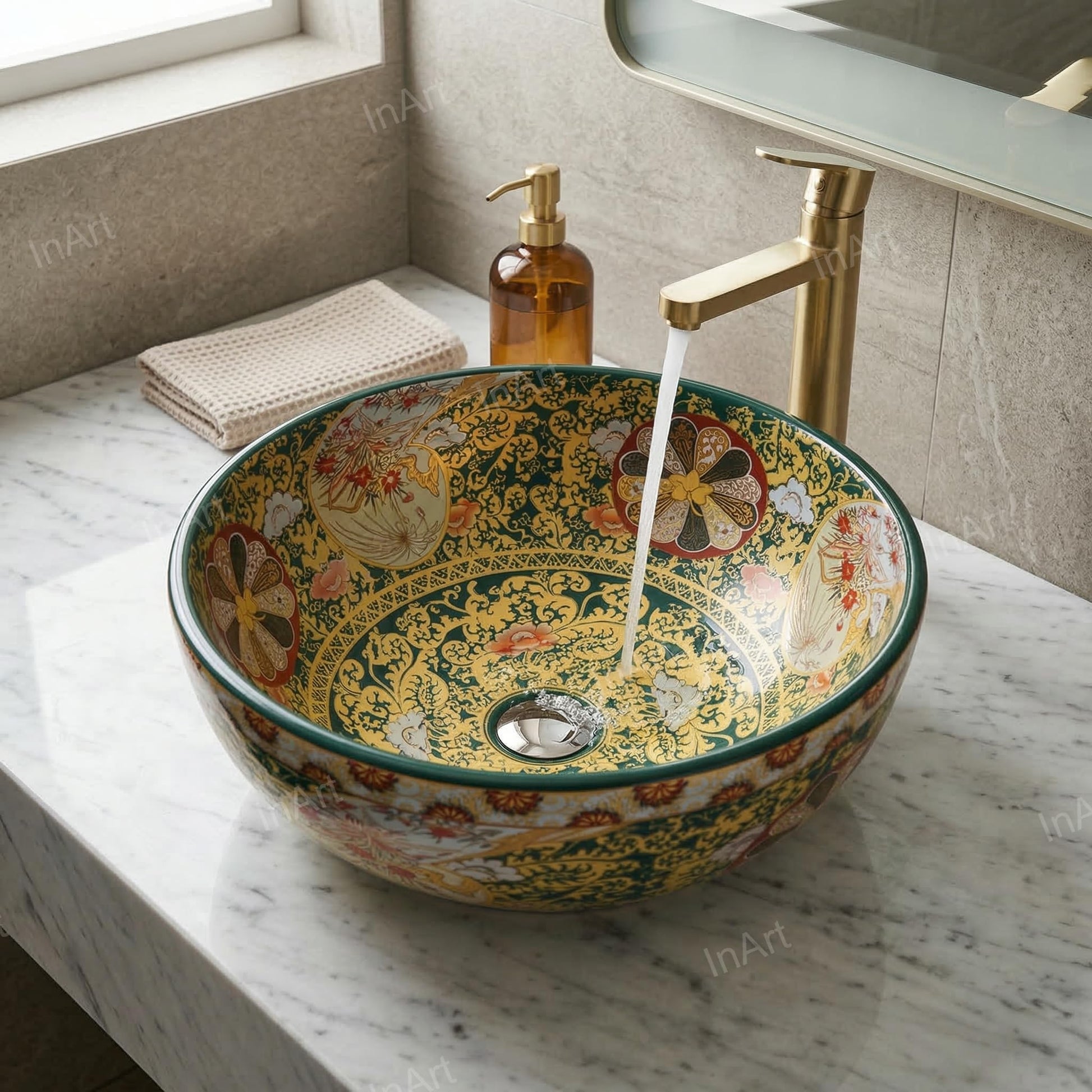 Ceramic table top wash basin with glossy green multi colour finish, square counter top basin rim detail