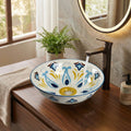 Ceramic wash basin table top with smooth glazed surface, Mexican Blue designer pattern close-up detail