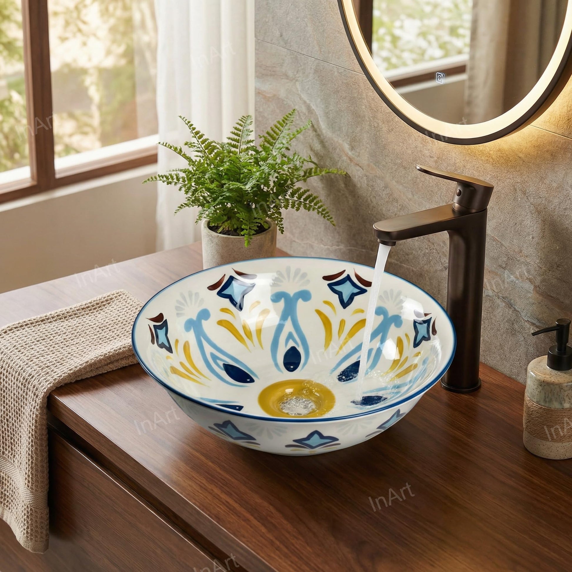 Ceramic wash basin table top with smooth glazed surface, Mexican Blue designer pattern close-up detail