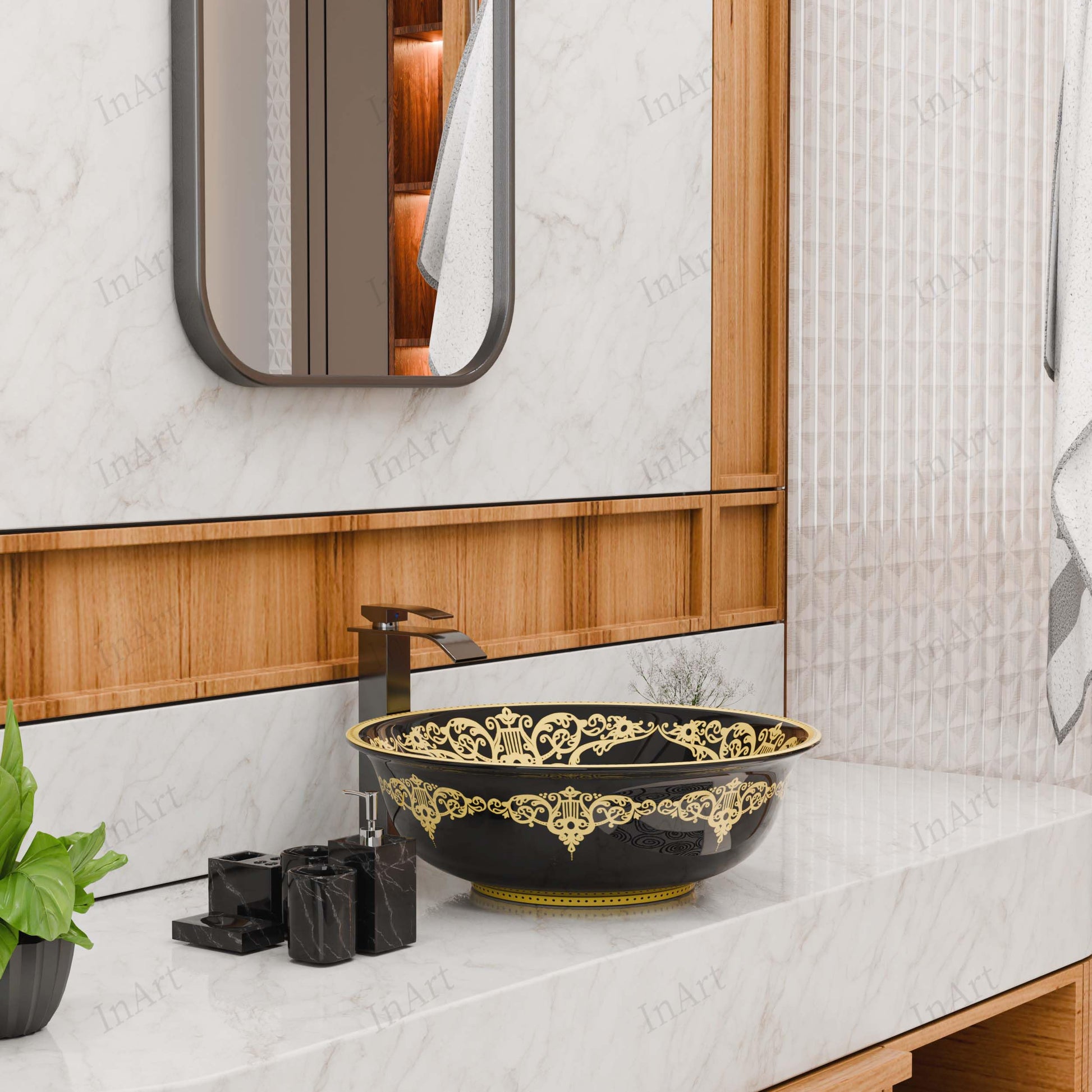 Designer bathroom sinks look for small bathroom, compact round table top wash basin in black gold