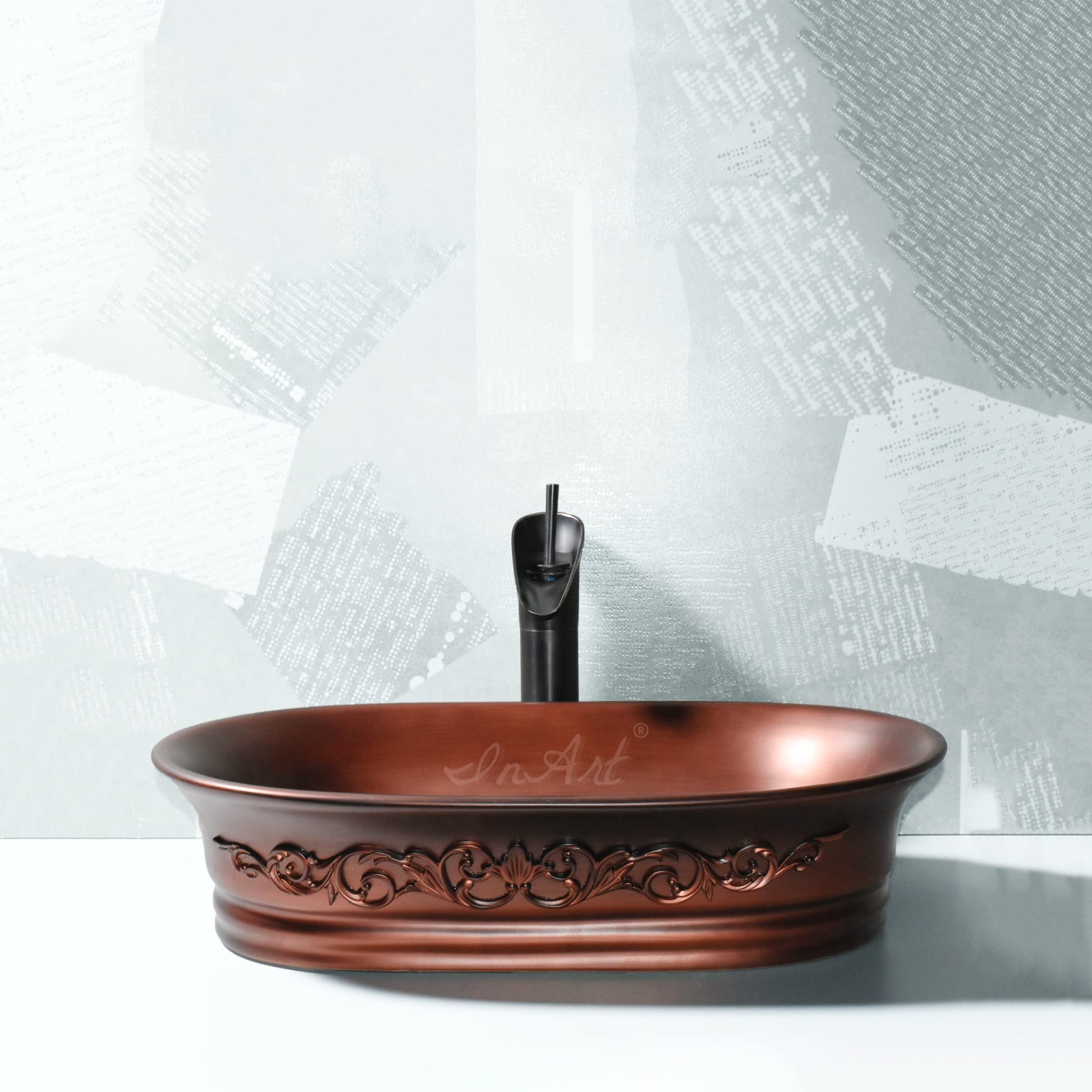 Rectangular table top wash basin counter design in matt copper ceramic, ideal for bathroom vanity and cabinet top