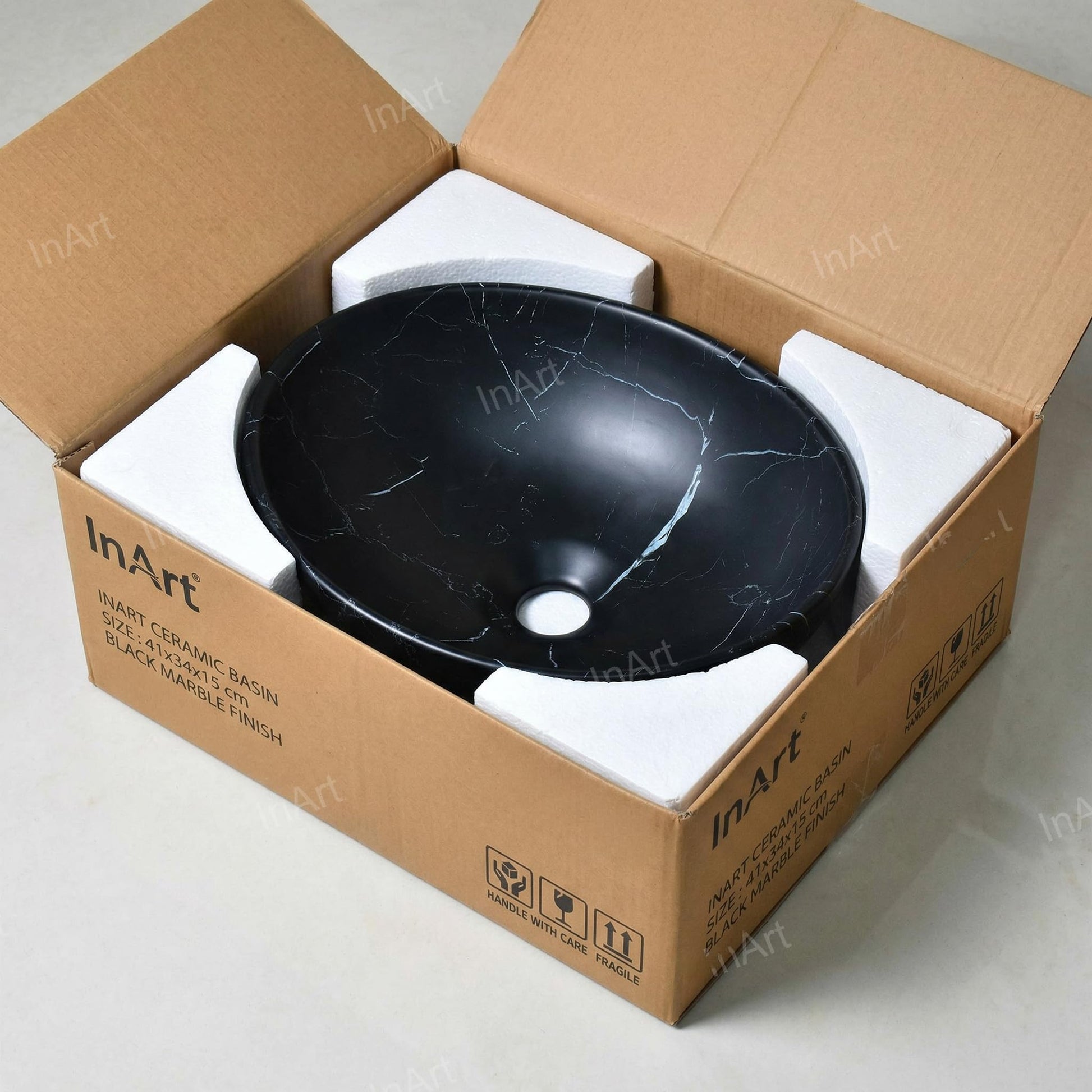 Bathroom wash basin price in India search, black table top ceramic basin size 41x34x15 cm top view