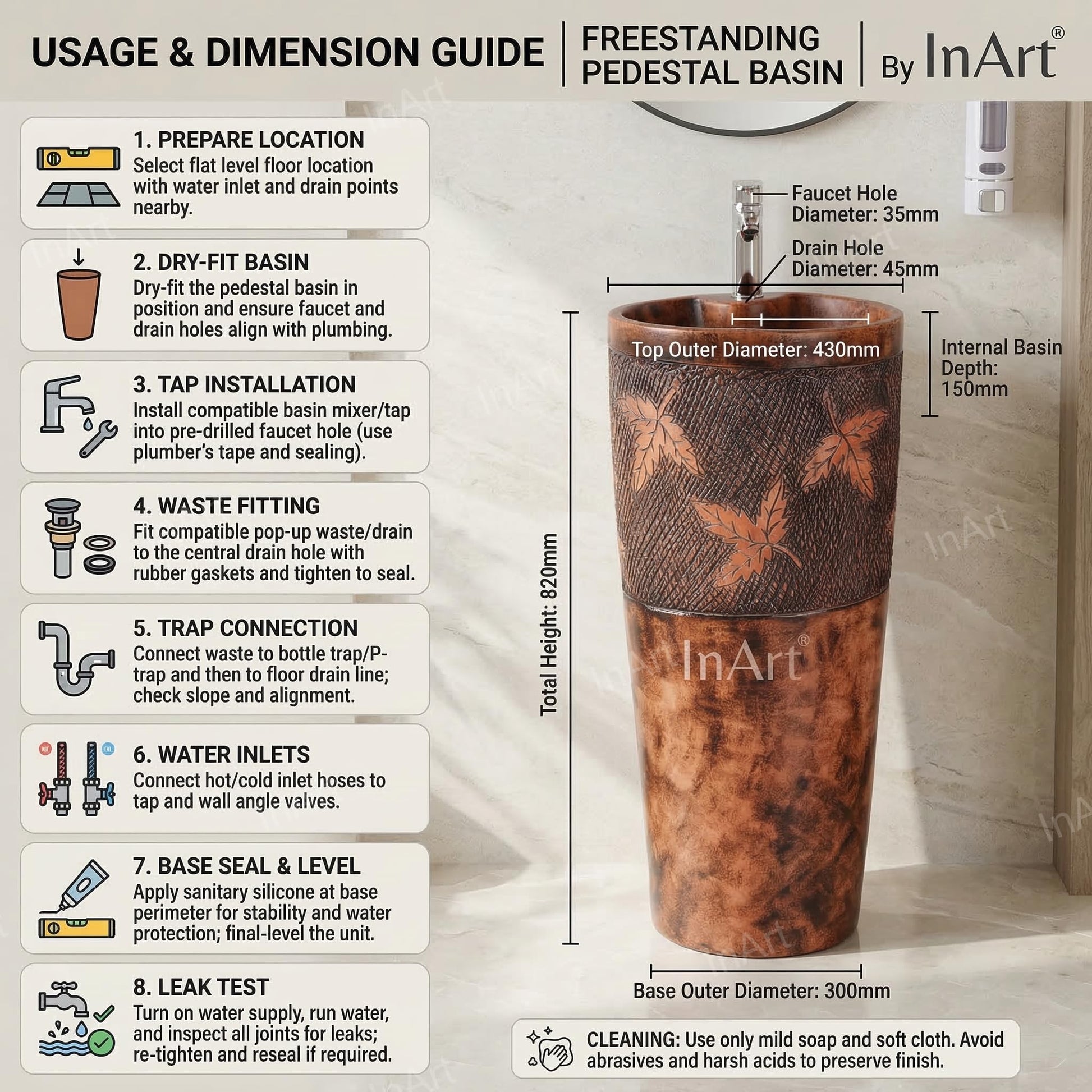 InArt ceramic one piece pedestal wash basin in wooden matte finish, premium sanitaryware for washroom