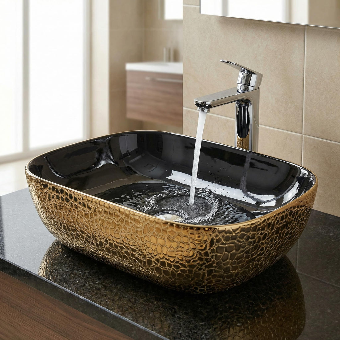 Luxury wash basin by InArt, glossy black gold rectangular ceramic table top wash basin, front view