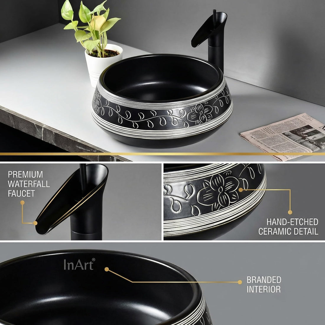 InArt ceramic table top wash basin, round black finish, main front view for modern bathroom