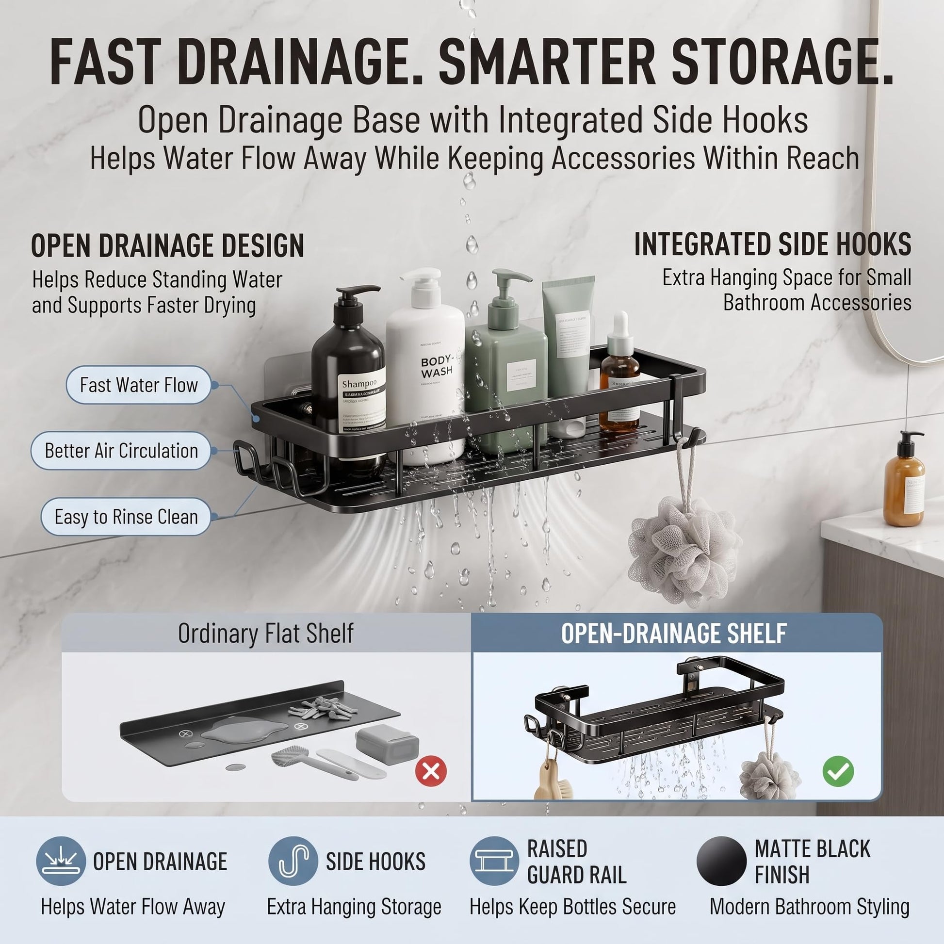 No-drill adhesive bathroom wall rack for smooth tiles, matte black finish