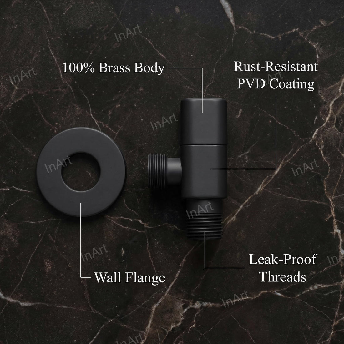 InArt angle valve for bathroom in heavy-duty brass, 90 degree single way stop cock with wall flange, matt black