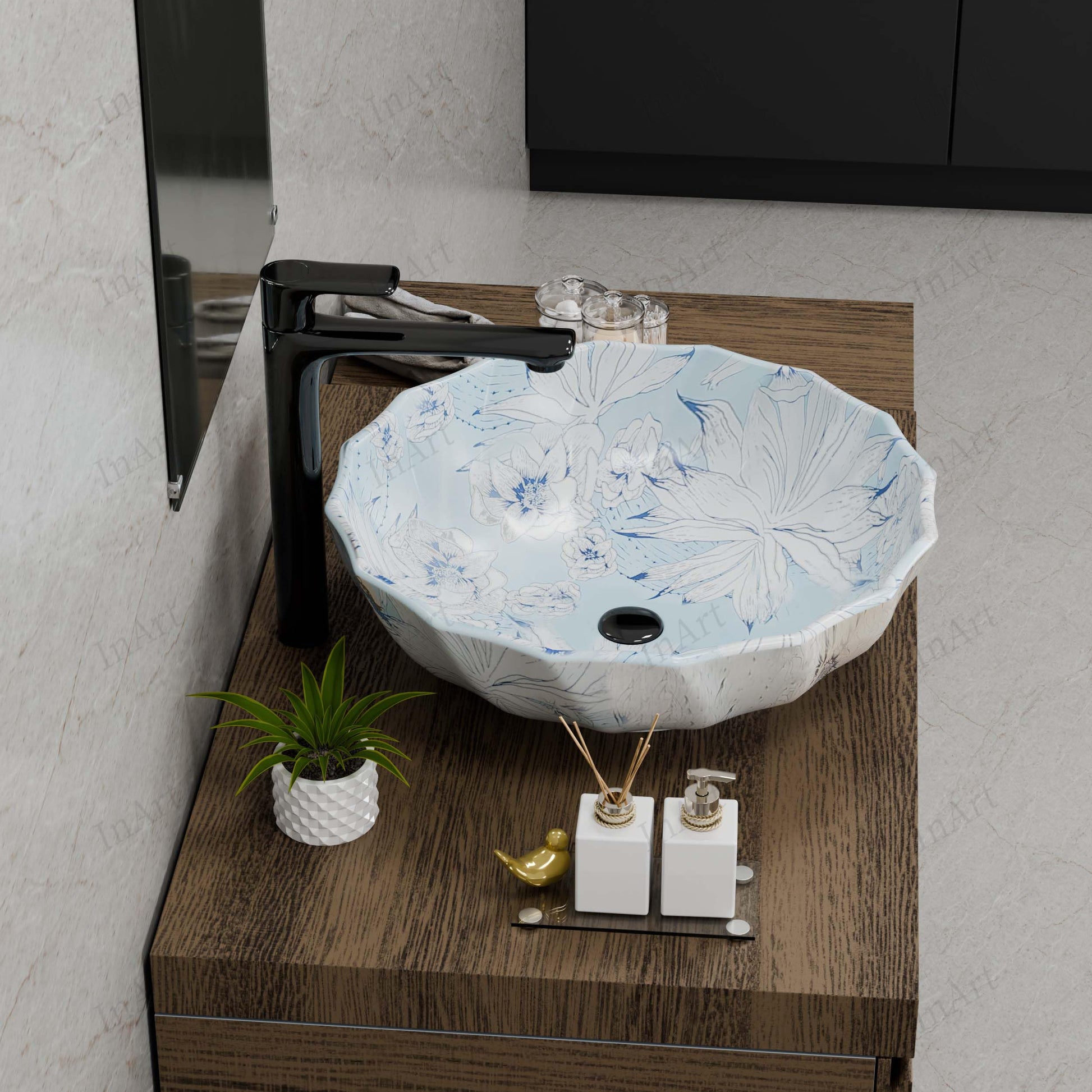 Round table top wash basin in ceramic, light blue glossy finish, premium sanitaryware for bathroom