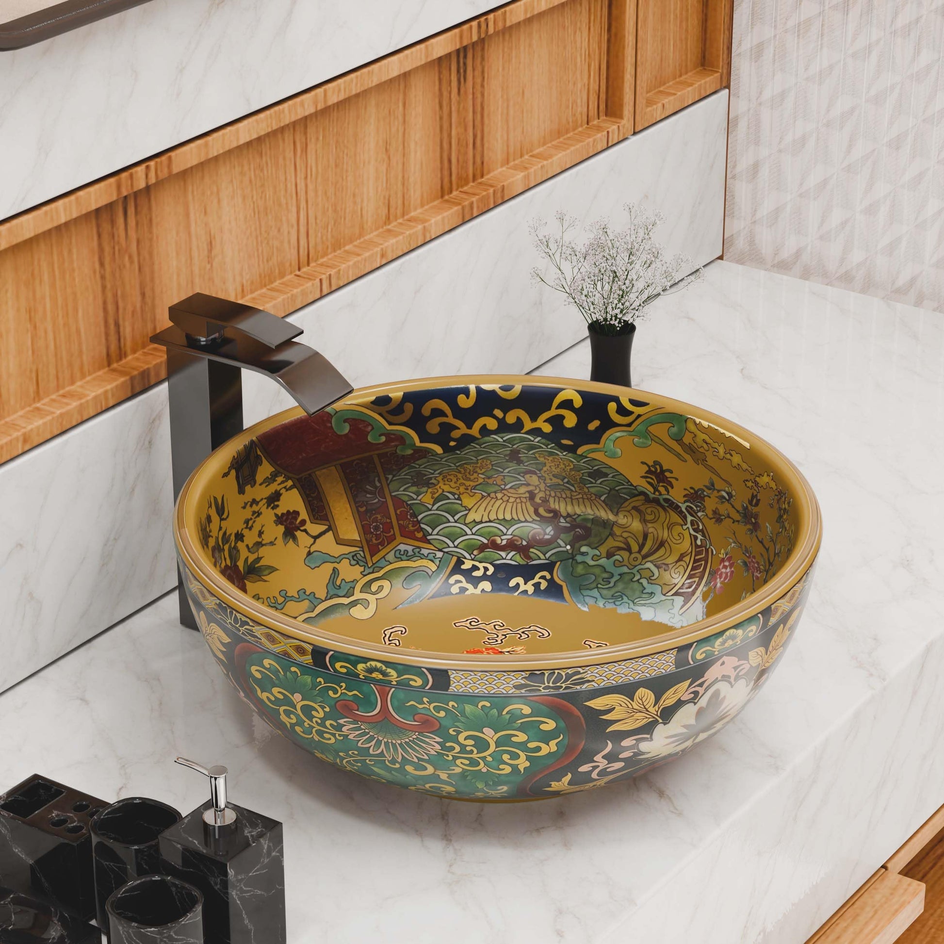 washbasindesign InArt ceramic round table top wash basin with glossy multicolour Moroccan pattern, front view