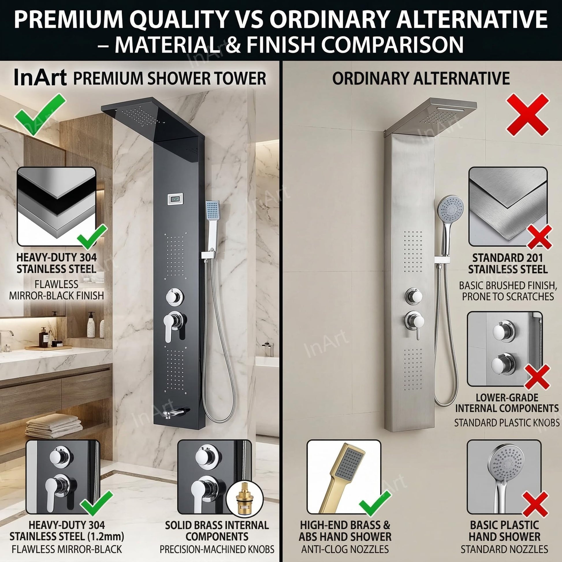 Mirror black shower tower panel with tub spout and diverter controls, modern bathroom upgrade