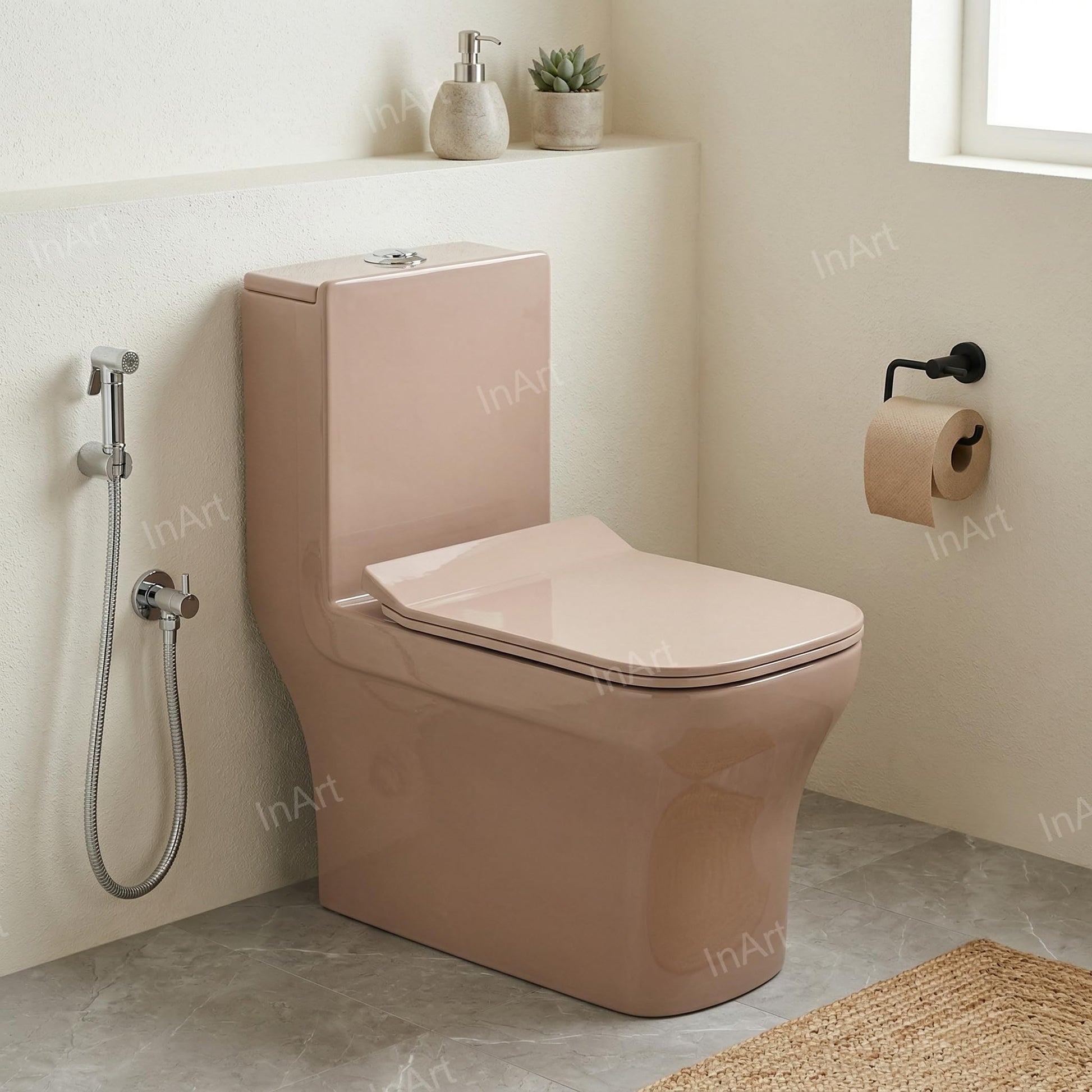 InArt one piece closet with soft close seat cover, pink ceramic floor mounted western toilet detail