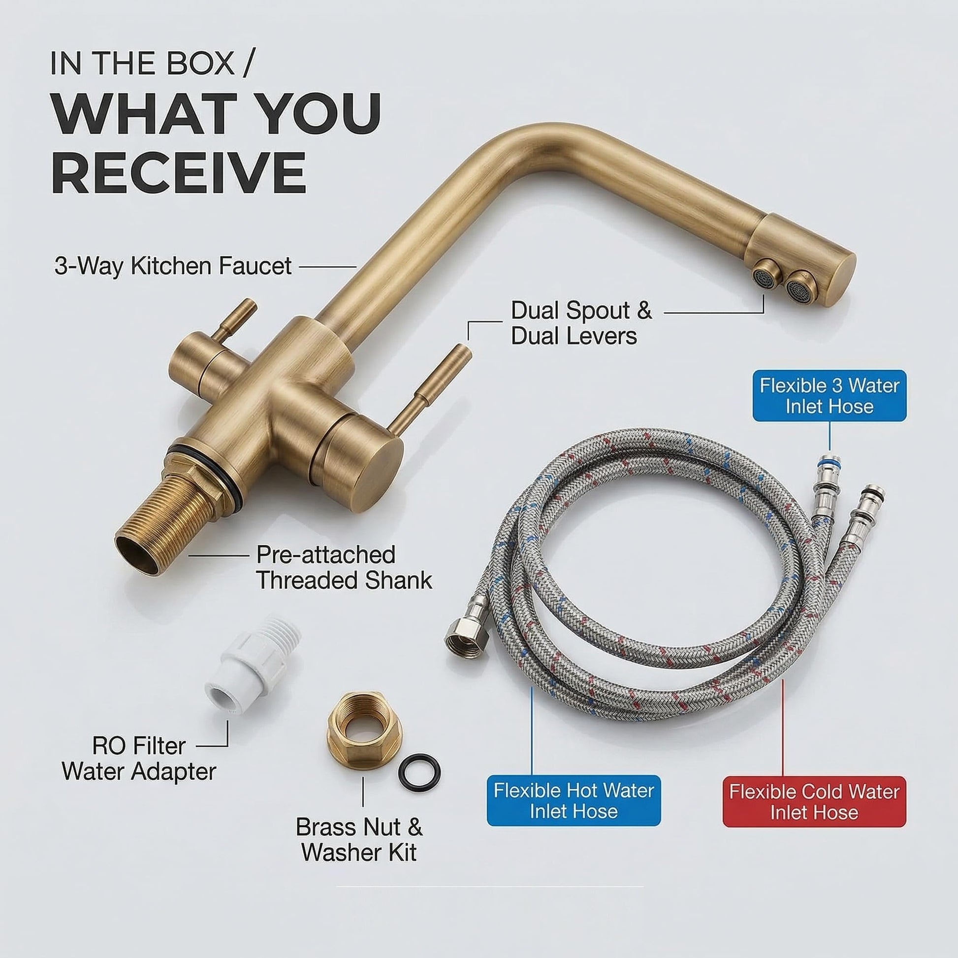 Base and deck mount detail of brass kitchen sink faucet with water filter for kitchen sink, antique finish