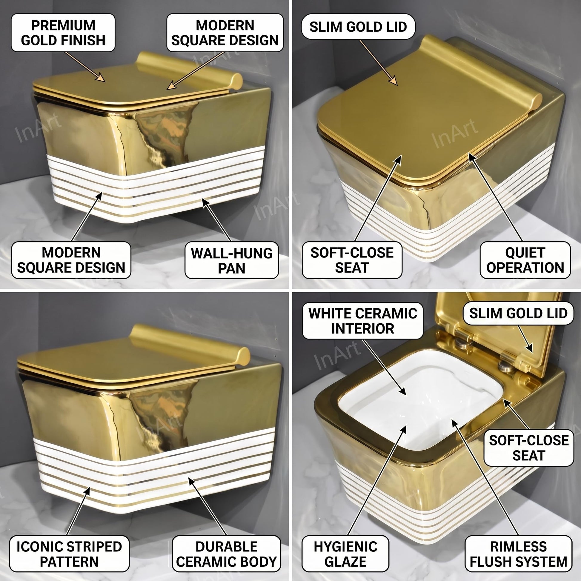 Wall hung commode square water closet in ceramic, side angle showing P trap outlet from wall, white gold