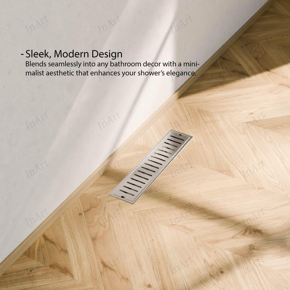 InArt linear shower drain channel 18x4 inch in 304 stainless steel, rectangular floor drain jali main view