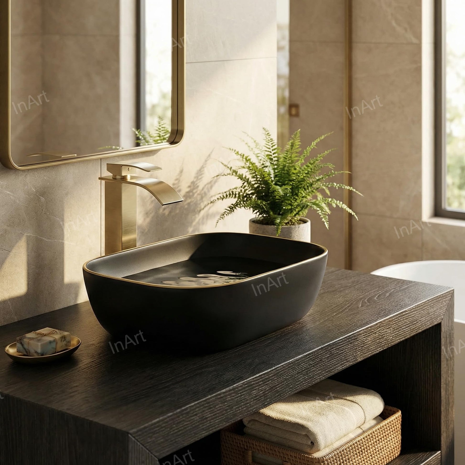 Ceramic table top wash basin design for bathroom, matte black rectangular basin on counter