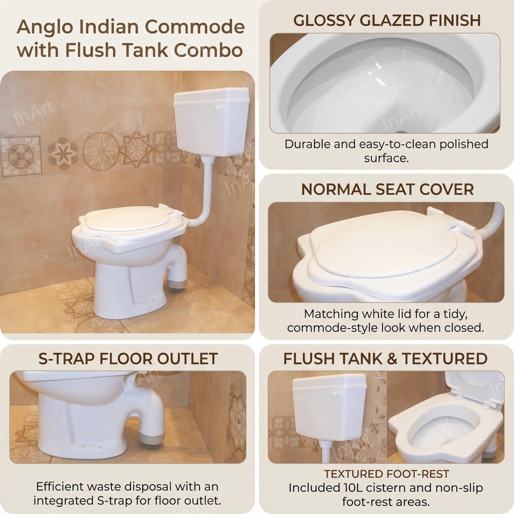 White western commode with seat cover, rear angle showing premium normal flush tank combo and S trap outlet