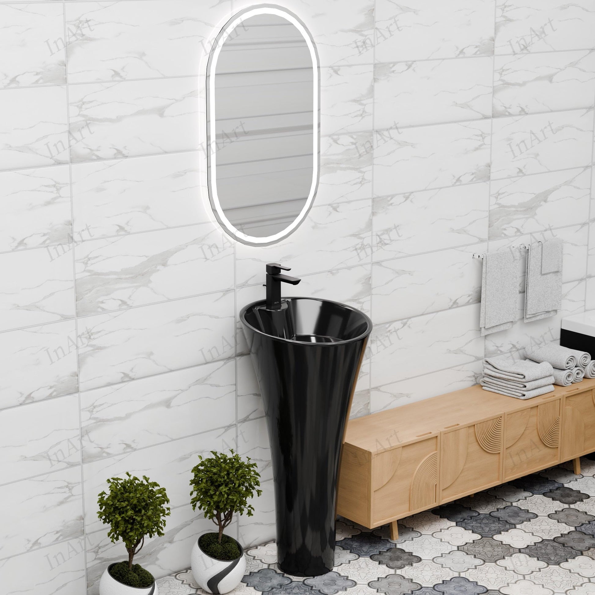 Wash basin for dining hall with ceramic pedestal in matte black, ideal for compact hand wash corner