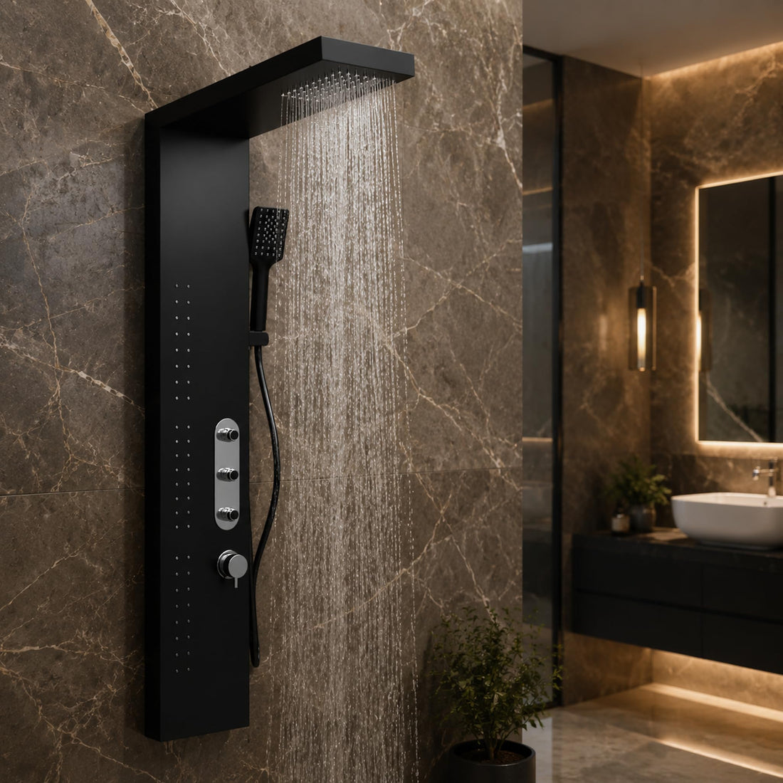 InArt shower mixer panel in matte black 304 stainless steel, rectangular shower panel tower front view